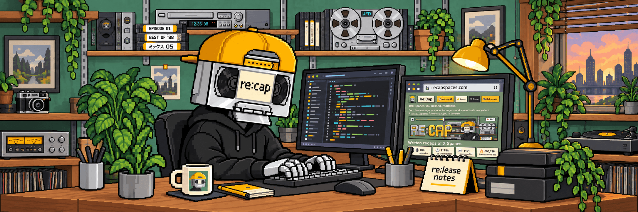 Re:Cap's writer at the desk, cassette on its head, typing up the week's re:lease notes
