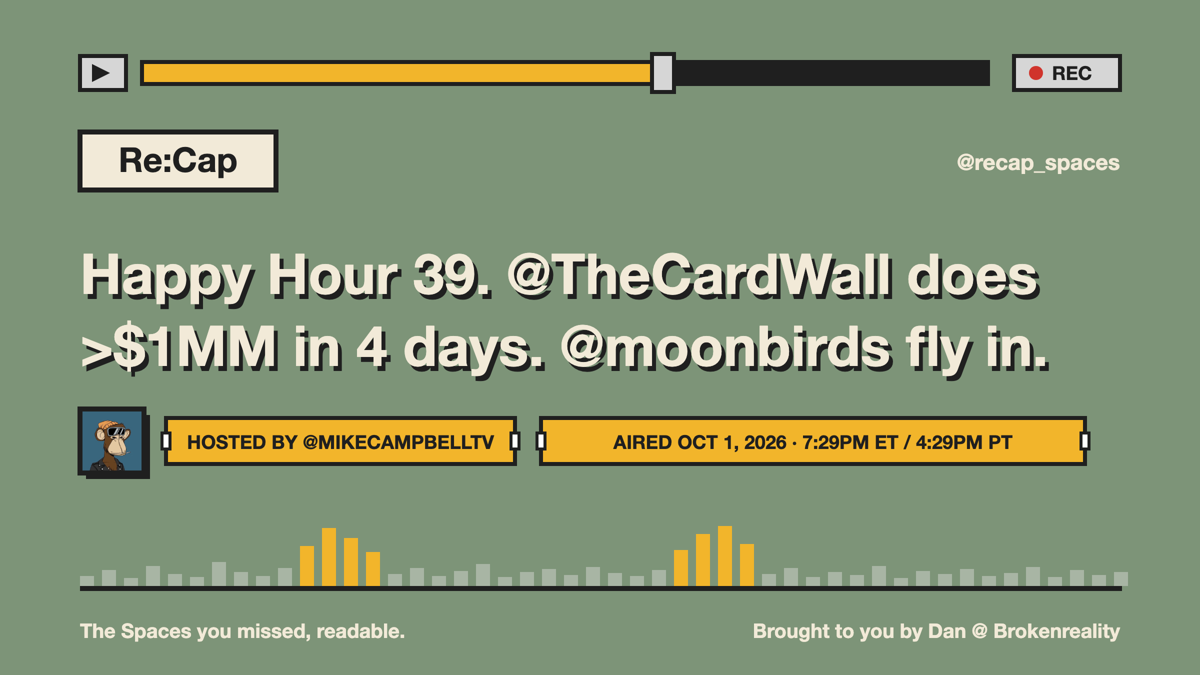 Happy Hour 39. @TheCardWall does >$1MM in 4 days. @moonbirds fly in.